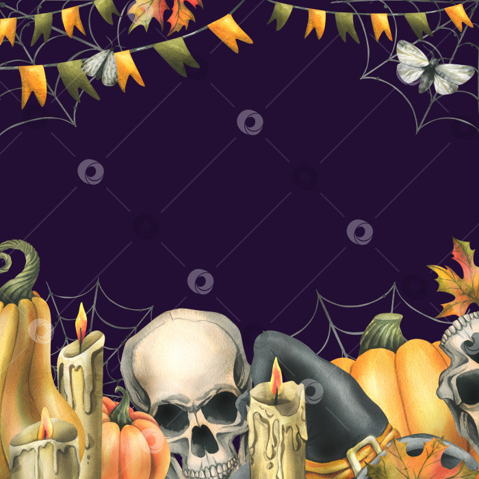 Скачать Человеческие черепа в черной шляпе ведьмы, оранжевые тыквы, паутина, свечи и осенние кленовые листья. Нарисованная от руки акварельная иллюстрация к Хэллоуину. Рамка, шаблон на темно-фиолетовом фоне фотосток Ozero