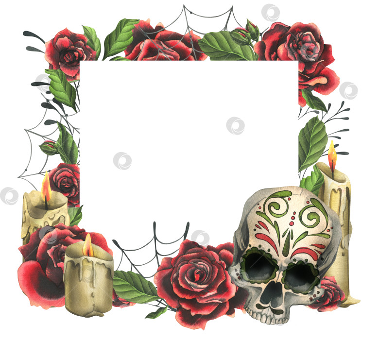 Скачать Украшенный человеческий череп красными розами, свечами и паутиной. Нарисованная от руки акварельная иллюстрация ко дню мертвых, Хэллоуину, Диа-де-лос-муэртос. Квадратная рамка, шаблон на белом фоне. фотосток Ozero