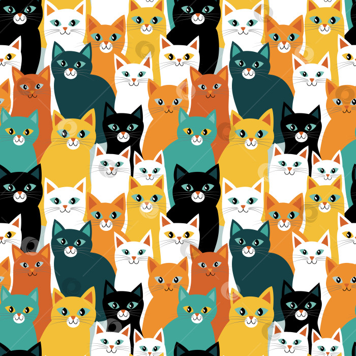 Скачать Бесшовный узор с кошками, плоская иллюстрация в желтом, оранжевом, мятно-зеленом, черном и белом цветах фотосток Ozero