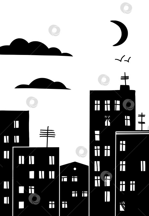 Скачать Стилизованный силуэт ночного города, рисующий вертикальный вид фотосток Ozero