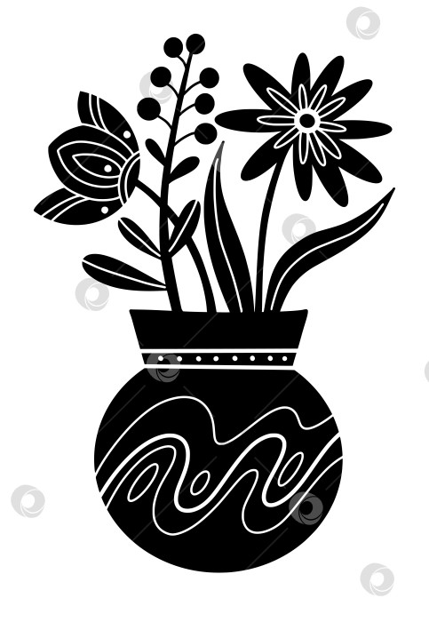 Скачать Стилизованный силуэт черной вазы с цветами на белом фоне фотосток Ozero