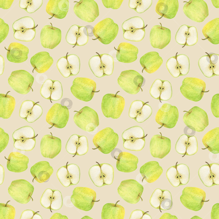 Скачать Акварельный бесшовный узор. Желто-зеленые яблоки на бежевом фоне. Рисование от руки. Дизайн для ткани, обоев, открыток, приглашений, бумаги для скрапбукинга или оберточной бумаги. фотосток Ozero