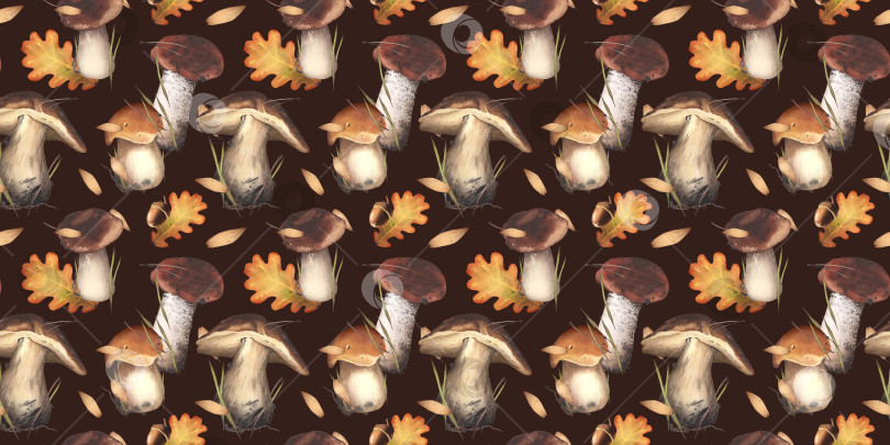 Скачать Бесшовный узор из грибов. Белые грибы. Осенняя акварельная иллюстрация. Сбор урожая в лесу. Для текстильного дизайна, фонов, упаковки фотосток Ozero