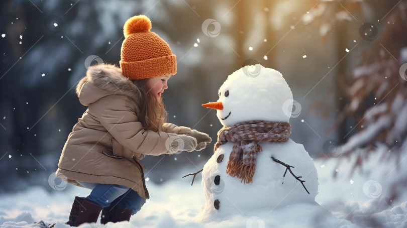 Скачать Маленькая девочка в теплой зимней одежде и снеговик на фоне зимнего леса. Сгенерированный искусственный интеллект. фотосток Ozero