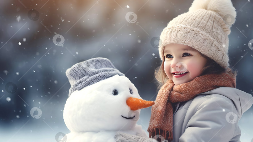Скачать Маленькая девочка в теплой зимней одежде и снеговик на фоне зимнего леса. Сгенерированный искусственный интеллект. фотосток Ozero