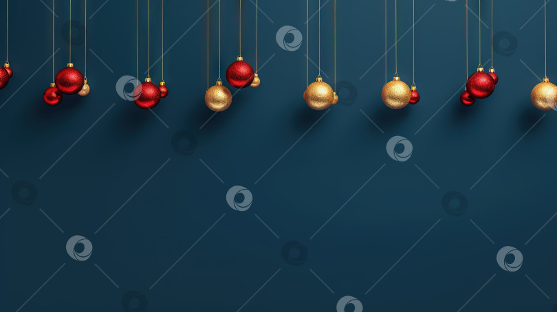Скачать Рождественские шары, висящие в ряд на синем фоне. Открытка к зимнему празднику с безделушками. Сгенерированный искусственный интеллект. фотосток Ozero