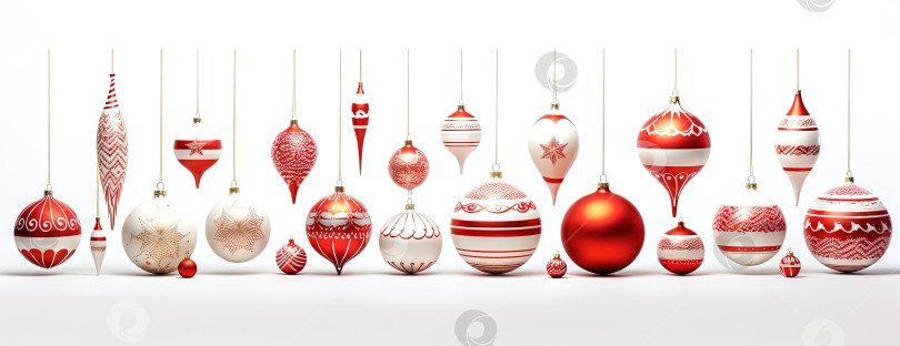 Скачать Блестящие рождественские безделушки в ряд. Коллекция рождественских стеклянных шаров с орнаментом. Сгенерированный искусственный интеллект. фотосток Ozero