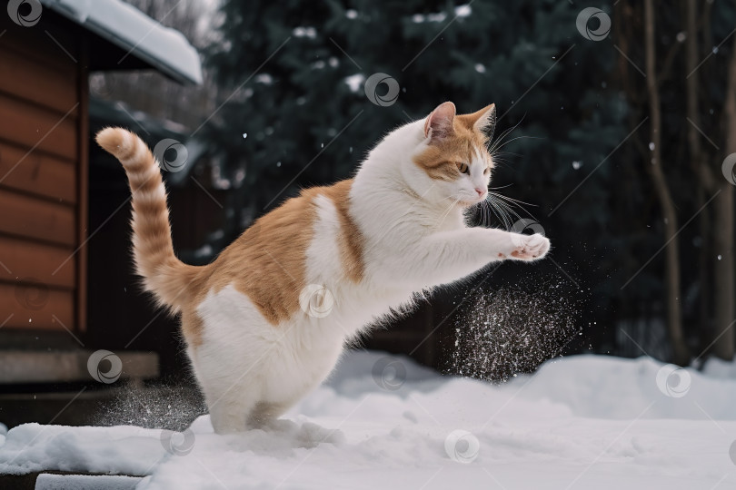 Скачать Кошка играет в снегу в зимнее время года. Милый котенок развлекается с белым снегом. Сгенерированный искусственный интеллект. фотосток Ozero