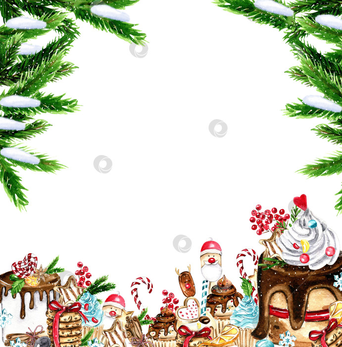 Скачать Композиция к Рождеству. Подарки, кекс, пирожное, печенье, еловые ветки.Акварельная иллюстрация, нарисованная от руки. Зимние каникулы. фотосток Ozero