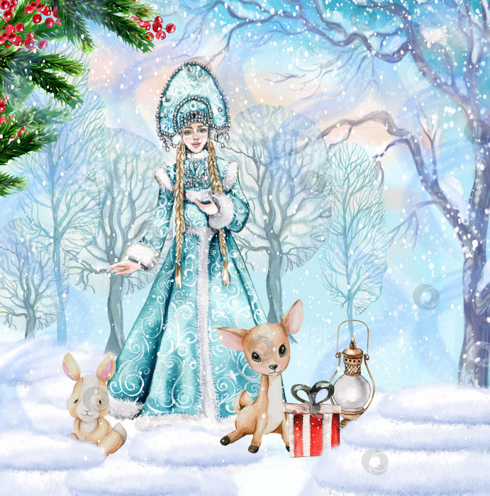 Скачать Композиция на Рождество со Снегурочкой в голубом платье.. Подарки, кекс, пирожное, печенье, еловые ветки.Акварельная иллюстрация, нарисованная от руки. Зимние каникулы. фотосток Ozero