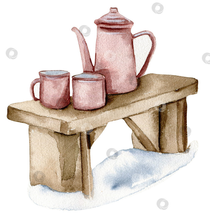 Скачать Чайник с чашками на скамейке в снегу. Акварельная иллюстрация, нарисованная от руки. Зимние каникулы. фотосток Ozero
