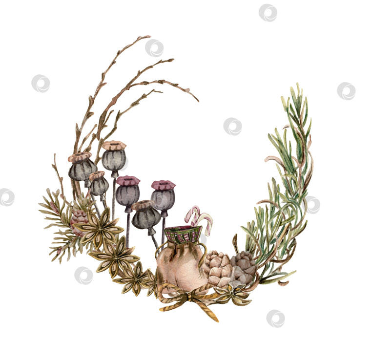 Скачать Зимний венок с акварельными сухими ветками, остролистом и красными ягодами. Акварельные иллюстрации от руки для приглашений, поздравительных открыток, принтов, упаковки и многого другого. Счастливого Рождества и счастливого нового года. фотосток Ozero
