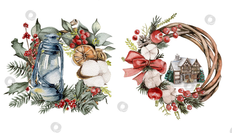 Скачать Рождественский венок с еловыми ветками из хлопка и красными цветами. Акварельные иллюстрации от руки для приглашений, поздравительных открыток, принтов, упаковки и многого другого. Счастливого Рождества и счастливого нового года. фотосток Ozero