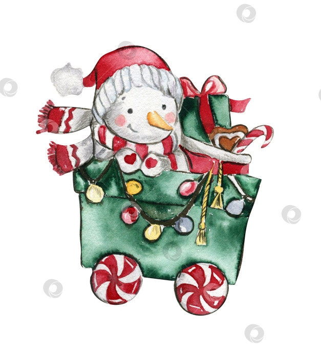 Скачать Рождественская повозка с подарками. Акварельные иллюстрации от руки для приглашений, поздравительных открыток, принтов, упаковки и многого другого. Счастливого Рождества и счастливого нового года. фотосток Ozero