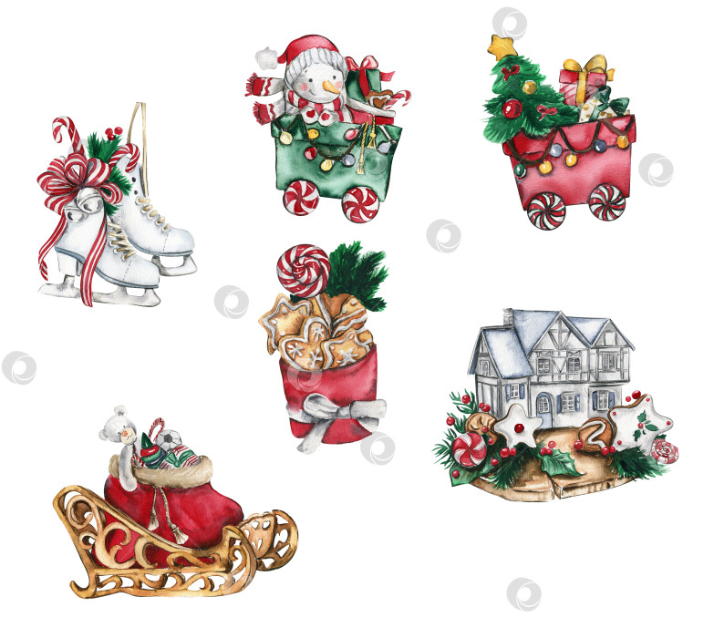 Скачать Набор элементов для Рождества. Рождественские санки, коньки, домик-повозка.Акварельная иллюстрация, нарисованная от руки. Зимние каникулы. фотосток Ozero