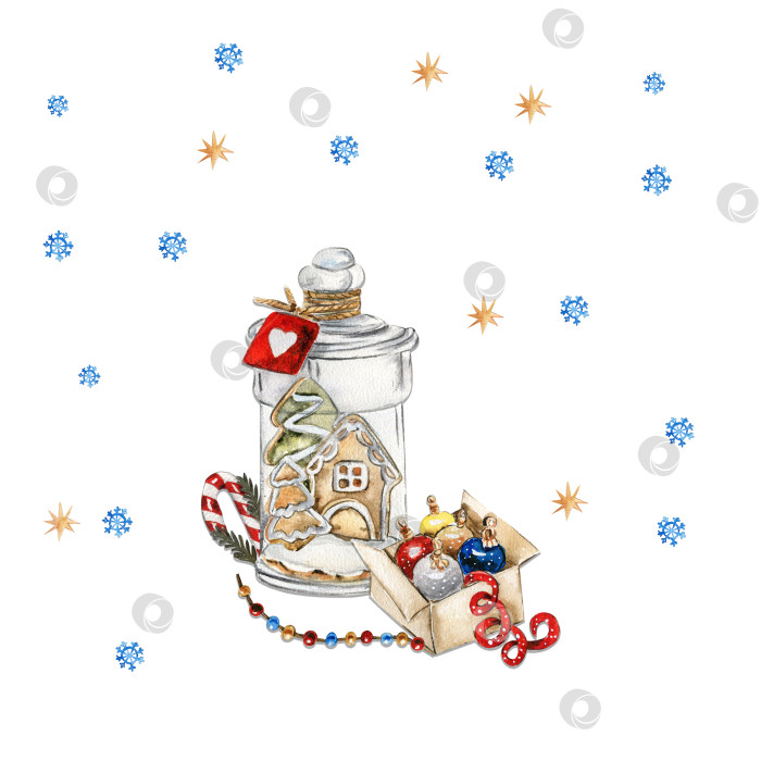 Скачать Рождественская композиция из стеклянной бутылки с пряничным домиком внутри. Иллюстрация, нарисованная акварелью от руки. Новогодняя открытка, идеально подходящая для свадьбы, приглашений, блогов, шаблонов открыток, дня рождения, выкроек. фотосток Ozero