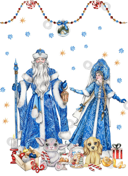 Скачать Акварельная иллюстрация Деда Мороза с рождественской палкой, длинной белой бородой и палкой в руках в синем пальто с белым орнаментом и Снегурочки в синем платье.Русский Дед Мороз и его внучка фотосток Ozero