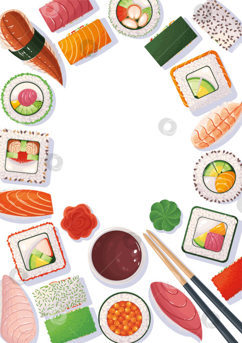 Скачать Фон для суши с суши, роллами, нигири, соевым соусом, имбирем, васаби и палочками, расположенными в виде рамки. фотосток Ozero