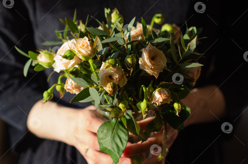 Скачать Женщина держит в руках букет цветов.Весенние цветы, освещенные солнцем. фотосток Ozero