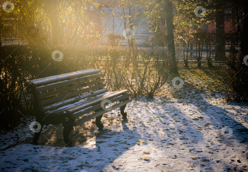 Скачать Скамейка в парке зимой в солнечный день.Яркие лучи зимнего солнца фотосток Ozero
