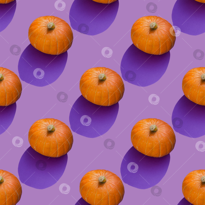 Скачать Повторяющийся узор из оранжевой тыквы на фиолетовом фоне. Осенняя концепция фотосток Ozero