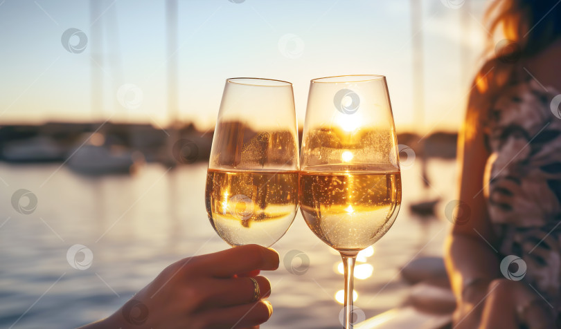 Скачать Друзья чокаются бокалами с игристым вином на закате на яхте. Иллюстрация генеративного искусственного интеллекта фотосток Ozero