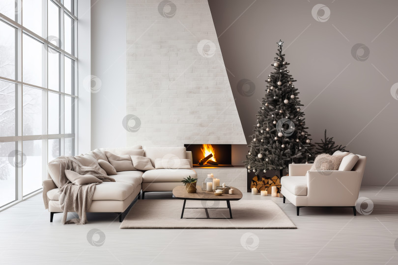 Скачать Рождественский интерьер дома с праздничной елкой и подарочными коробками. Современная гостиная в стиле минимализм в белых тонах. Иллюстрация генеративного искусственного интеллекта фотосток Ozero