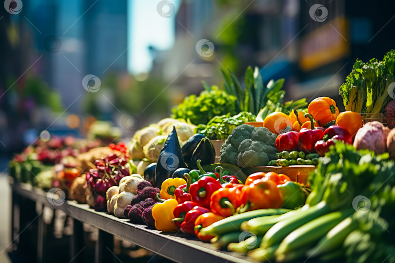 Скачать Местный рынок со свежими фермерскими продуктами. Овощи и зелень крупным планом на уличном прилавке. Иллюстрация генеративного искусственного интеллекта фотосток Ozero