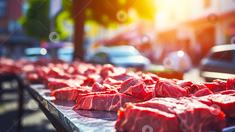 Скачать Местный рынок со свежими фермерскими продуктами. Отборное мясо крупным планом на уличном прилавке. Иллюстрация генеративного искусственного интеллекта фотосток Ozero