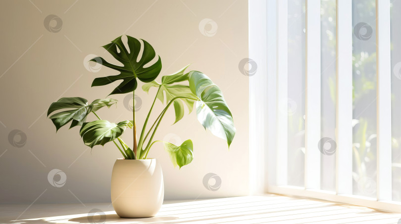 Скачать Комнатное растение монстера в цветочном горшке в освещенной комнате. Созданный искусственный интеллект. фотосток Ozero