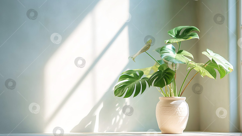 Скачать Комнатное растение монстера в цветочном горшке в освещенной комнате. Созданный искусственный интеллект. фотосток Ozero