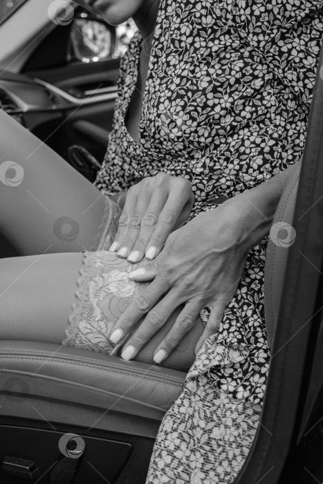 Скачать женщина поправляет чулки телесного цвета на своих стройных ногах, сидя в машине фотосток Ozero