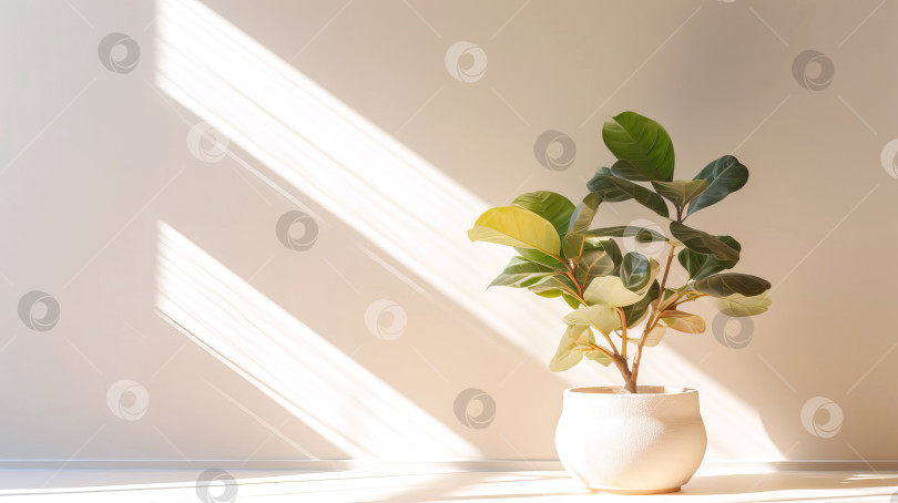 Скачать Комнатное растение фикус лирата в цветочном горшке в освещенной комнате. Созданный искусственный интеллект. фотосток Ozero