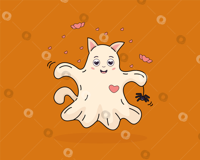 Скачать Милый кот-призрак с пауком и сердечками векторная иллюстрация. Обложка, открытка в мультяшном стиле. фотосток Ozero