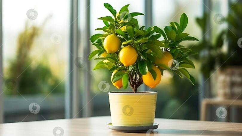 Скачать Комнатное растение лимона в цветочном горшке с фруктами на освещенной кухне. Пространство для копирования. Созданный искусственным интеллектом фотосток Ozero