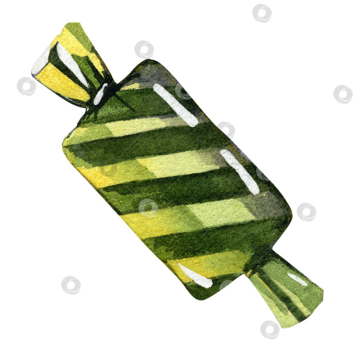 Скачать Полосатая зеленая конфета на Хэллоуин. Шоколад в упаковке. Акварельная иллюстрация сладостей. кошелек или жизнь фотосток Ozero