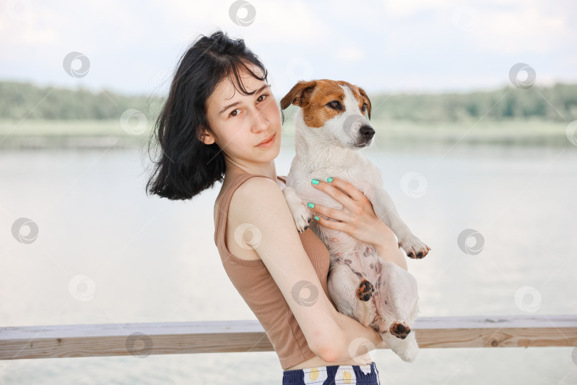Скачать Собака Джек-Рассел-терьер играет с девочкой фотосток Ozero