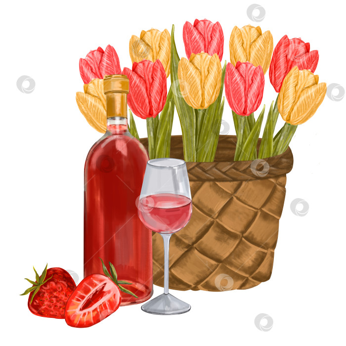 Скачать Акварельная композиция: бутылка красного вина, бокал вина с корзиной цветов целиком и нарезанной клубникой изолированная иллюстрация фотосток Ozero