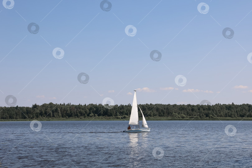 Скачать Яхта на озере на фоне леса и голубого неба фотосток Ozero