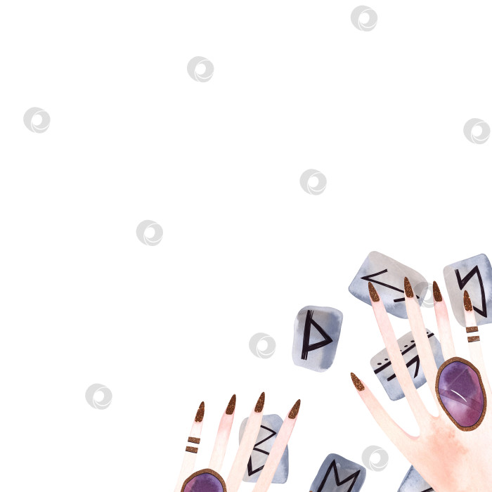 Скачать Гадание по рунам. Женская изящная рука с кольцами и браслетами раскладывает камни, предсказывающие будущее. Изолированная акварельная иллюстрация, нарисованная от руки, с золотым листом на белом фоне фотосток Ozero