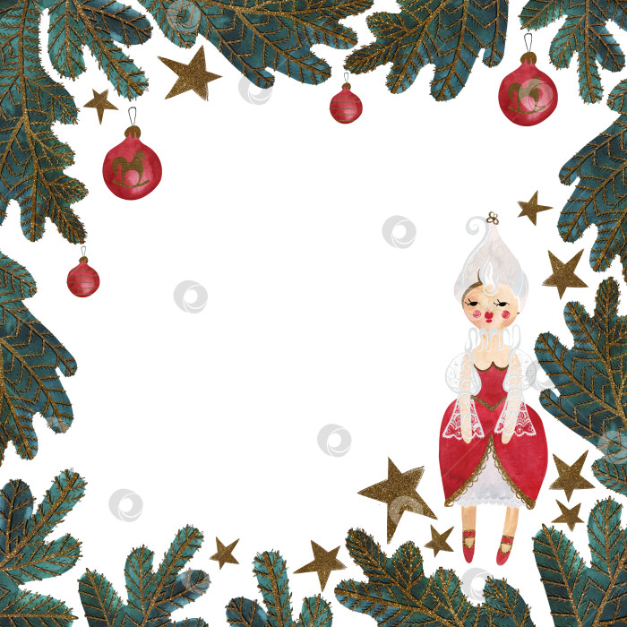 Скачать Акварельная рамка с украшенной рождественской елкой и куклами. Рождественская открытка. Детская игрушка. Рождественский подарок. Растровая иллюстрация для упаковки, поздравительных открыток, подарков фотосток Ozero