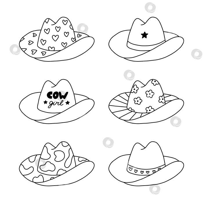 Скачать Симпатичный комплект из наездницы и ковбойской шляпы. Шляпа шерифа с сердечками, коровой, цветочным принтом в ковбойской и пастушьей тематике вестерна. Коллекция простых каракулей с нарисованными от руки контурами для конного ранчо в стиле дикого Запада фотосток Ozero