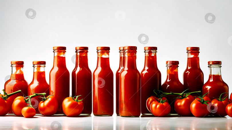 Скачать Стеклянные прозрачные бутылки с домашним томатным соусом. Созданный искусственный интеллект. фотосток Ozero