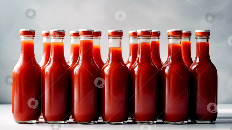 Скачать Стеклянные прозрачные бутылки с домашним томатным соусом. Созданный искусственный интеллект. фотосток Ozero