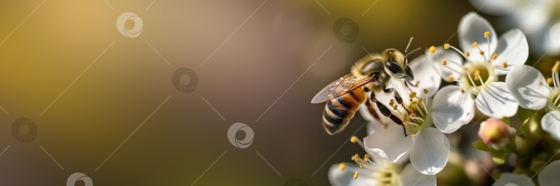 Скачать Баннер с пчелой на белом цветке собирает пыльцу. Иллюстрация генеративного искусственного интеллекта фотосток Ozero
