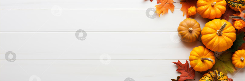 Скачать Праздничная осенняя композиция из тыкв и разноцветных листьев на белом деревянном баннере. День благодарения. Иллюстрация генеративного искусственного интеллекта фотосток Ozero