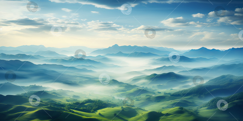 Скачать Прекрасный вид с высоты птичьего полета на холмистый ландшафт в утреннем тумане с солнечными лучами. Иллюстрация генеративного искусственного интеллекта фотосток Ozero