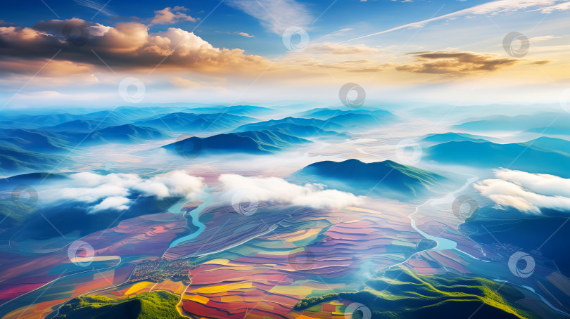 Скачать Прекрасный вид с высоты птичьего полета на красочный пейзаж полей в утреннем тумане с солнечными лучами. Иллюстрация генеративного искусственного интеллекта фотосток Ozero