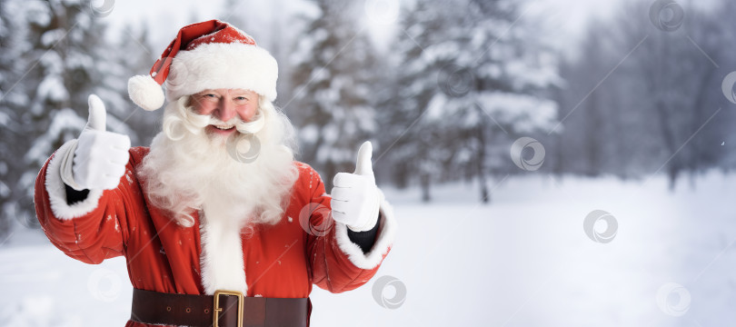 Скачать Санта-Клаус показывает два больших пальца вверх на баннере "Заснеженный лес". Иллюстрация генеративного искусственного интеллекта фотосток Ozero