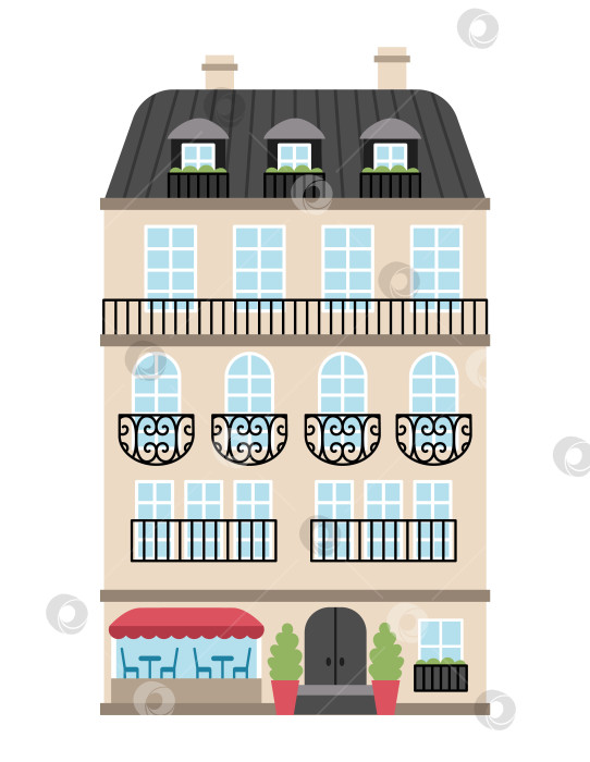 Скачать Векторный значок многоквартирного дома. Иллюстрация традиционного дома в Париже. Историческое французское здание с изображением кафе, выделенного на белом фоне фотосток Ozero